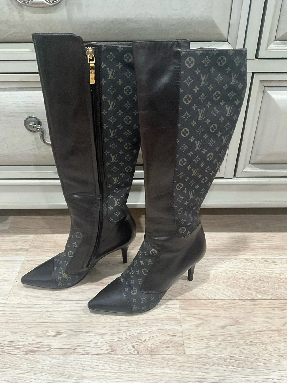 Louis Vuitton Black Monogram Paneled Knee-High Pointed Boots